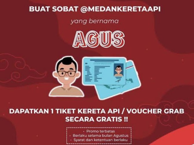 PT KAI Divre I Sumut memberikan tiket gratis bagi warga bernama Agus. Promo ini berlaku selama bulan Agustus 2023.