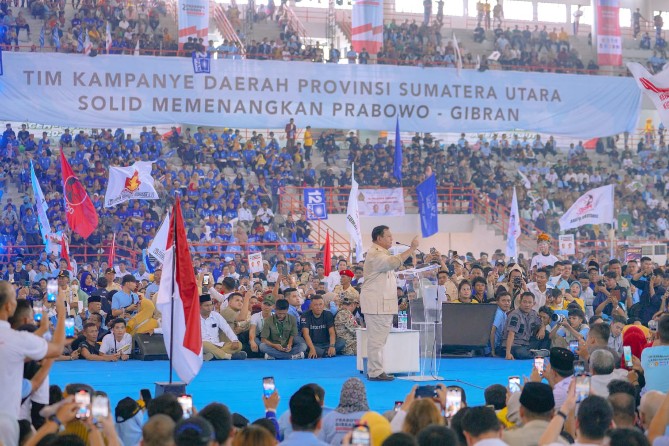 Calon Presiden Nomor Urur 2 , Prabowo Subianto melakukan kampanye di Sumatera Utara, Sabtu (14/1/2024).