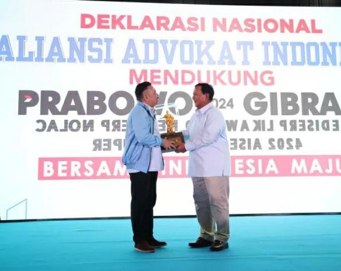 Aliansi Advokat Indonesia mendeklarasikan dukungan terhadap pasangan calon nomor urut 02, Prabowo Subianto dan Gibran Rakabuming Raka.