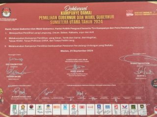 Komisi Pemilihan Umum Sumatera Utara menggelar Deklarasi Kampanye Damai Pilgubsu 2024 di Lapangan Benteng, Jalan Pengadilan, Medan, Selasa (24/9/2024).