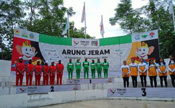 Tim Arung Jeram Putri Sumut saat UPP Medali Emas PON XXI 2024, di Sungai Alas, Ketambe, Aceh Tenggara, Aceh.(HO FAJI Sumut/kaldera)