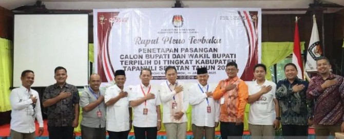 Komisi Pemilihan Umum (KPU) Tapanuli Selatan (Tapsel) resmi menetapkan pasangan calon (paslon) Gus Irawan Pasaribu dan Jafar Syahbuddin Ritonga sebagai Bupati dan Wakil Bupati Tapsel periode 2025-2030.
