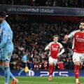 Pemain Arsenal Merino melakukan selebrasi usai mencetak gol ketiga timnya saat menghadapi Real Madrid di Liga Champions, Rabu (9/4/2025). Foto: Reuters