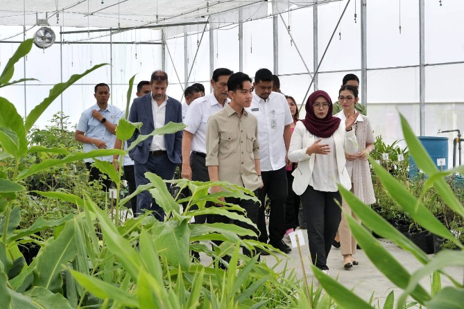 Di hari terakhir kunjungan kerja di Kabupaten Humbang Hasundutan (Humbahas), Sumatera Utara, Wakil Presiden Gibran Rakabuming Raka bersama istri, Selvi Gibran Rakabuming, meninjau Taman Sains Teknologi Herbal dan Hortikultura (TSTH2) di Kecamatan Pollung, Jumat (16/5/2025).