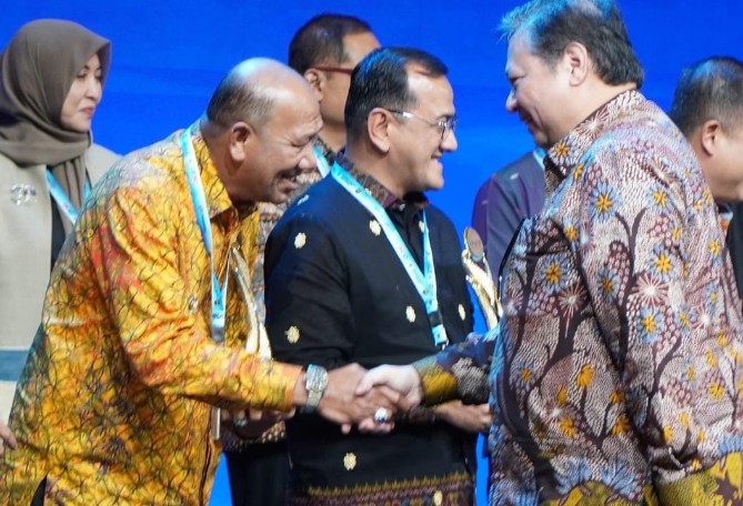 Bupati Langkat Syah Afandin saat menerima penghargaan dari Menteri Koordinator Perekonomian RI Airlangga Hartanton. Foto: Dokumen Dinas Kominfo Langkat