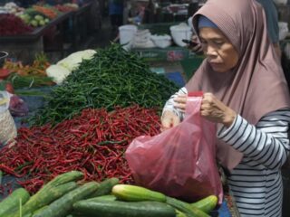 Salah seorang pedagang cabai di Pasar Petisah Medan sedang melayani pembeli. Harga cabai merah kini turun menjadi Rp35.000/ kilo. Foto: Reza Sahab/kaldera.id