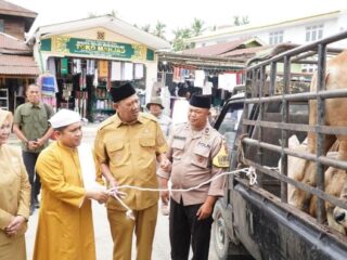 Bupati Langkat Syah Afandin dan Wakil Bupati Langkat Tiorita Br Surbakti menyerahkan tiga ekor sapi dan bantuan lainnya untuk Haul Tuan Guru Besilam. Foto : Dokumen Dinas Kominfo Langkat