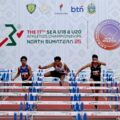 Pelari Indonesia berhasil mendominasi dari nomor Lari Gawang Putra Kejuaraan Atletik U18-U20 se Asia Tenggara di Stadion Madya Atletik Sumut KomplekSport Centre,Sabtu (15/11/2025). Foto: dokumen Dinas Kominfo Sumut