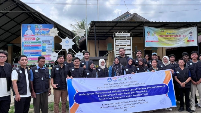 Himpunan Mahasiswa Jurusan (HMJ) Pendidikan Geografi melaksanakan kegiatan pengabdian kepada Masyarakat melalui program Mahasiswa Berdampak dengan tema “Pemberdayaan Masyarakat dalam Pemulihan Dampak Bencana Tahun 2026” di Desa Salahaji, Kecamatan Pematang Jaya, Kabupaten Langkat.