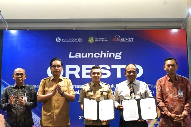 PT Bank Sumut bersama Pemerintah Kota Medan meluncurkan Quick Response Electronic Splitting System for Tax Optimization (QRESTO), sistem digital yang memungkinkan pajak hotel, restoran, dan kafe (horeka) langsung masuk ke kas daerah saat transaksi berlangsung, Senin (27/4/2026).