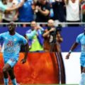 Pemain RD Kongo Wissa melakukan selebrasi usai mencetak gol penyama ke gawang Portugal. Dalam pertandingan itu ksdua tim bermain imbang 1-1