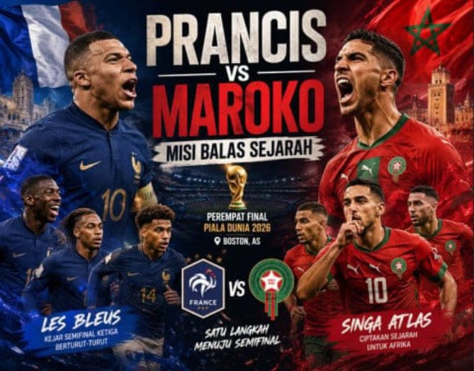 Aroma balas dendam menyelimuti laga perempat final Piala Dunia 2026 antara Prancis dan Maroko di Stadion Boston, Jumat (10/7/2026) WIB.