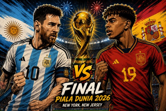 Timnas Argentina dan Spanyol akan memperebutkan gelar juara Piala Dunia 2026 pada laga final di New York New Jersey Stadium, East Rutherford, Senin (20/7/2026) WIB.