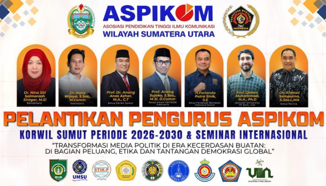 Ketua Umum Asosiasi Pendidikan Tinggi Ilmu Komunikasi (ASPIKOM) Pusat Prof Anang Sujoko S.Sos, M.Si, D.COMM, Senin (20/07/2026) akan melantik Pengurus ASPIKOM Korwil Sumatera Utara periode 2026-2030.