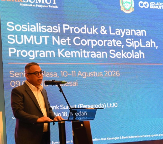 Direktur Utama Bank Sumut, Heru Mardiansyah mengungkapkan kesiapan dalam turut serta memperkuat tata kelola dana Bantuan Operasional Sekolah (BOS) melalui penerapan transaksi non-tunai dan pemanfaatan layanan digital, Selasa (11/9/2026). Foto: IST