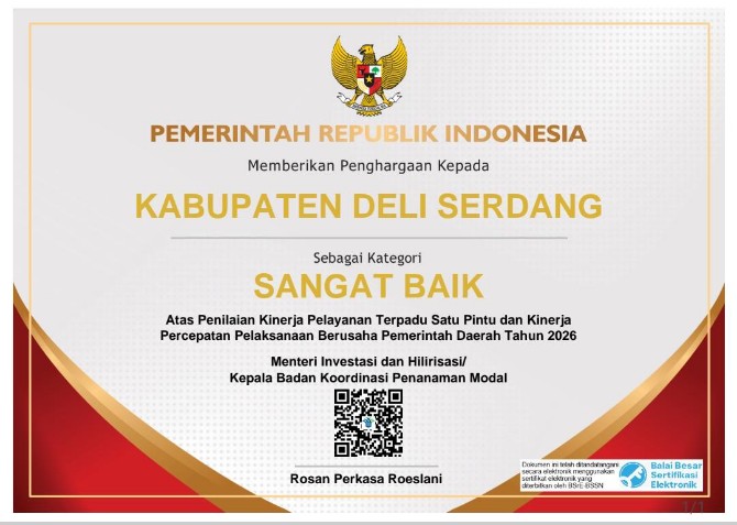 Kinerja pelayanan perizinan dan percepatan berusaha Kabupaten Deli Serdang mencatat peningkatan signifikan.