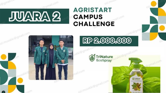 M. Ghozi Muzakki, mahasiswa Teknologi Pangan Universitas Sumatera Utara (USU), bersama timnya berhasil meraih juara kedua dalam AgriStart Campus Challenge 2025 melalui rancangan bisnis TriNature EcoSpray, sebuah konsep produk pertanian yang menggabungkan pestisida nabati dan pupuk organik cair dalam satu kemasan.